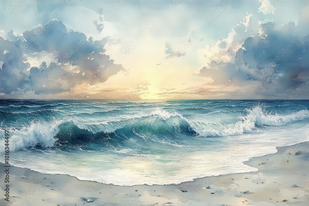 dreamy watercolor seascape soft pastel hues blending sky and ocean gentle waves serene beach with hints of sand and foamy shoreline dreamy watercolor seascape soft pastel hues blending sky and ocean gentle waves serene beach with hints of sand and foamy shoreline