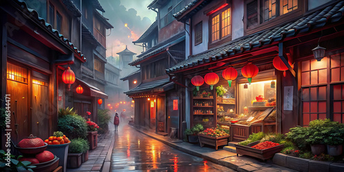 serene evening in vibrant Chinese neighborhood, showcasing traditional architecture, glowing lanterns, and colorful market stalls filled with fresh produce. atmosphere is enchanting and inviting