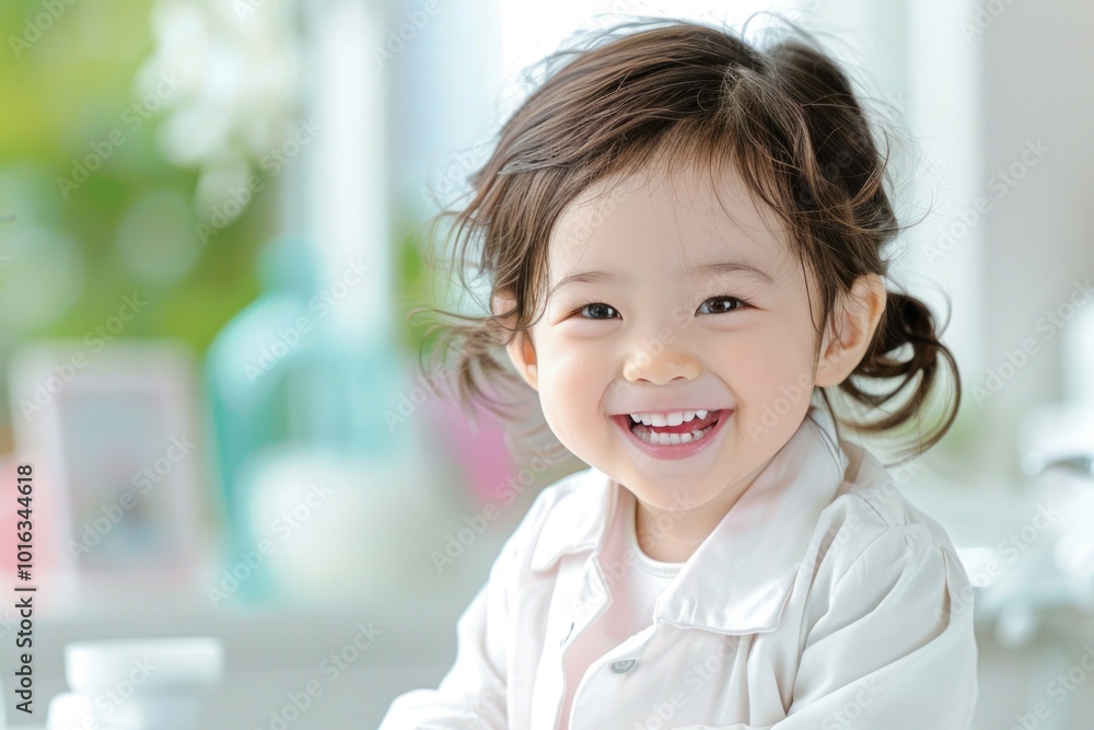 A cheerful young girl smiles brightly, showcasing joy and innocence in a bright, inviting setting filled with soft light. A cheerful young girl smiles brightly, showcasing joy and innocence in a bright, inviting setting filled with soft light.