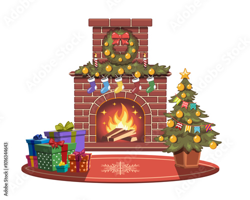 Isolated christmas fireplace. Cartoon interior with winter decor. Decoration living room with gift boxes and fir. New Year celebration card