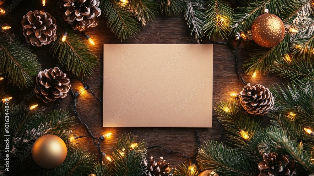 Fototapeta premium Blank Christmas card surrounded by holiday decorations like pine cones, ornaments, and fairy lights, ready for custom messages.