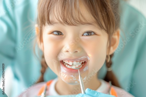 A cheerful young girl visits the dentist, showcasing her bright smile and healthy teeth during a dental checkup. photo