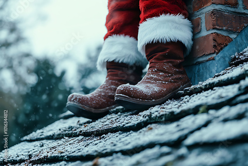 Santa Claus on the roof of the house waiting for Christmas
