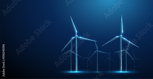 Digital wireframe wind turbines standing in several rows. Renewable energy, sustainability, clean technology, green energy concept. Alternative source of energy.