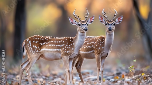 A captivating scene of chital, or cheetal (Axis axis), spotted deer gracefully roaming in their natural habitat.