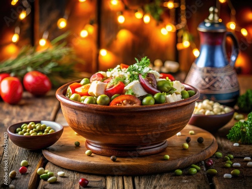 Night Photography of Ful Mudammas Medammes with Feta Cheese - A Traditional Egyptian Dish in a Bowl photo