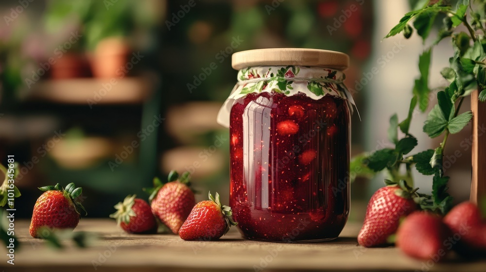 A delightful jar of homemade strawberry jam, labeled and decorated, displayed on a kitchen shelf with fresh strawberries nearby. A delightful jar of homemade strawberry jam, labeled and decorated, displayed on a kitchen shelf with fresh strawberries nearby.