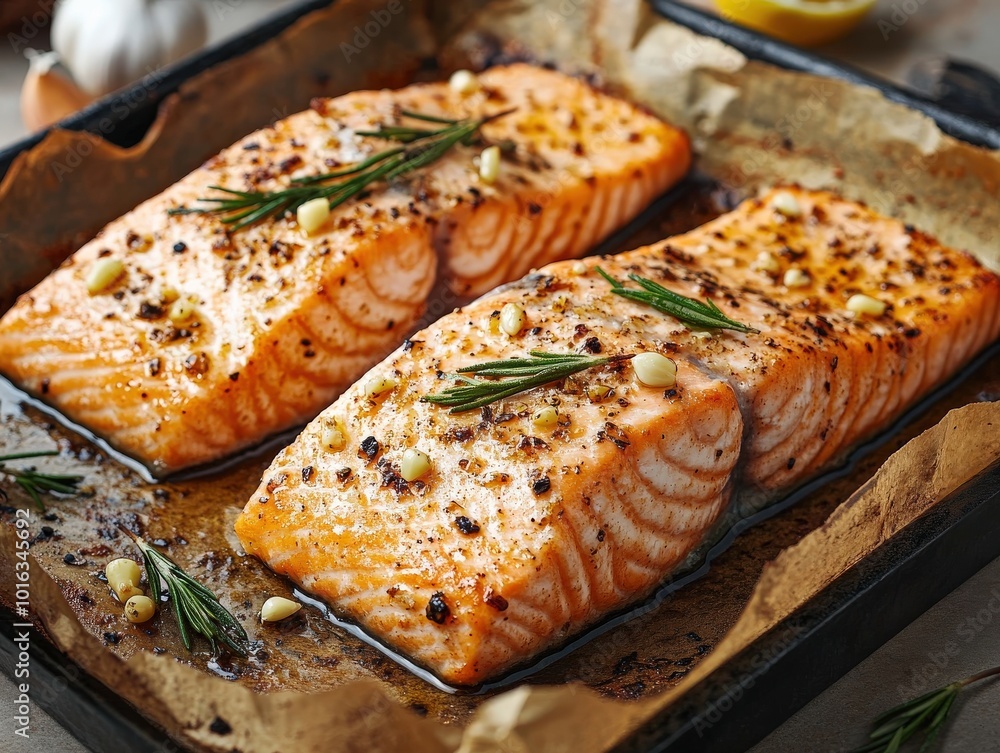 Oven-Baked Salmon Fillet with Rosemary and Garlic on Parchment Paper in a Baking Pan Oven-Baked Salmon Fillet with Rosemary and Garlic on Parchment Paper in a Baking Pan