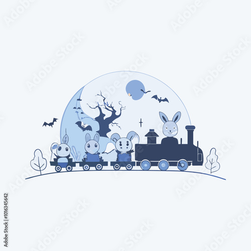 Spooky Halloween Train Under Full Moon with Flying Bats - Eerie Night Scene for Fantasy Designs