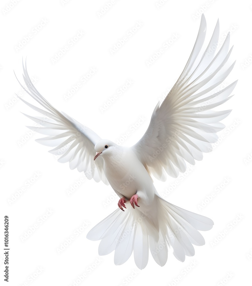 Fototapeta premium A white dove with its wings spread against a white background
