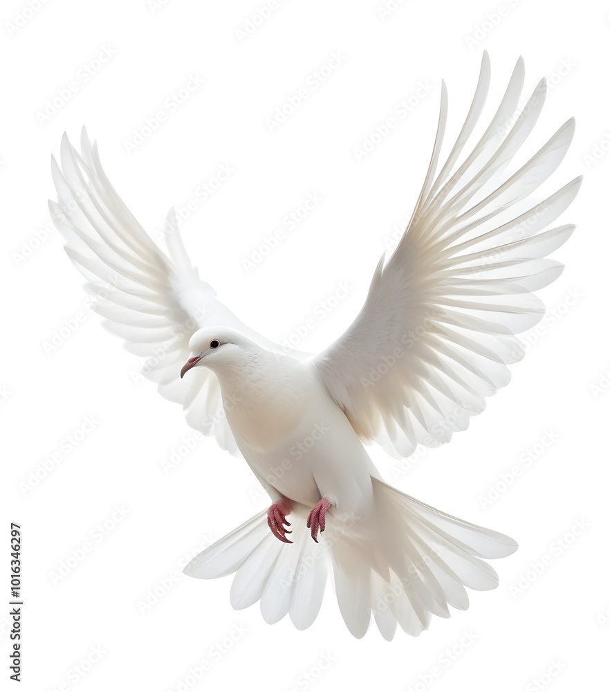 A white dove with its wings spread against a white background A white dove with its wings spread against a white background