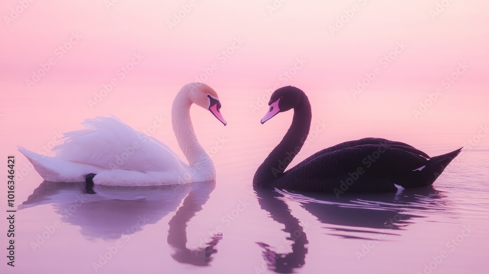 Fototapeta premium A dramatic black swan and a pure white swan swimming under a soft pink sky at dusk.