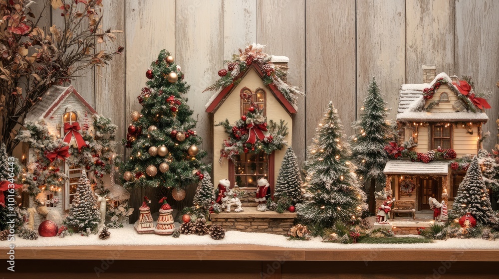 Fototapeta premium Seasonal Christmas display: cozy winter Christmas scene, beach-themed summer Christmas, fall foliage with Christmas accents, and springtime Easter-themed Christmas.