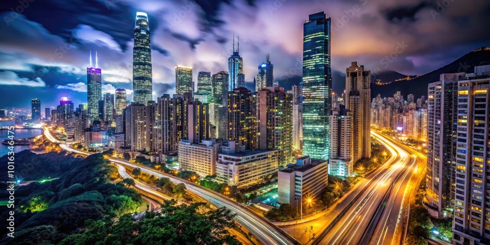 Nighttime Cityscape of Hong Kong with Skyscrapers and Highways - Scenic Travel Background for Urban Exploration Nighttime Cityscape of Hong Kong with Skyscrapers and Highways - Scenic Travel Background for Urban Exploration