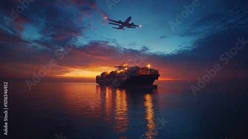 Silhouette of ship sailing on the ocean at sunset, casting long shadows on the water as the sun dips below the horizon