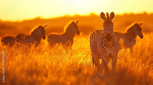 A breathtaking scene of plains zebras (Equus burchelli) gracefully grazing in the grassland at sunrise in Mokala National Park, South Africa.