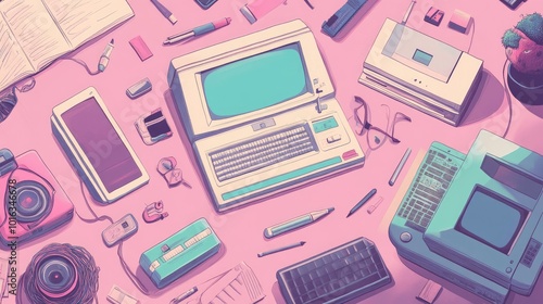 Wallpaper Mural Throwback to the 90s with a background full of pastel gradients, old-school tech icons, and plenty of room for copy. Torontodigital.ca