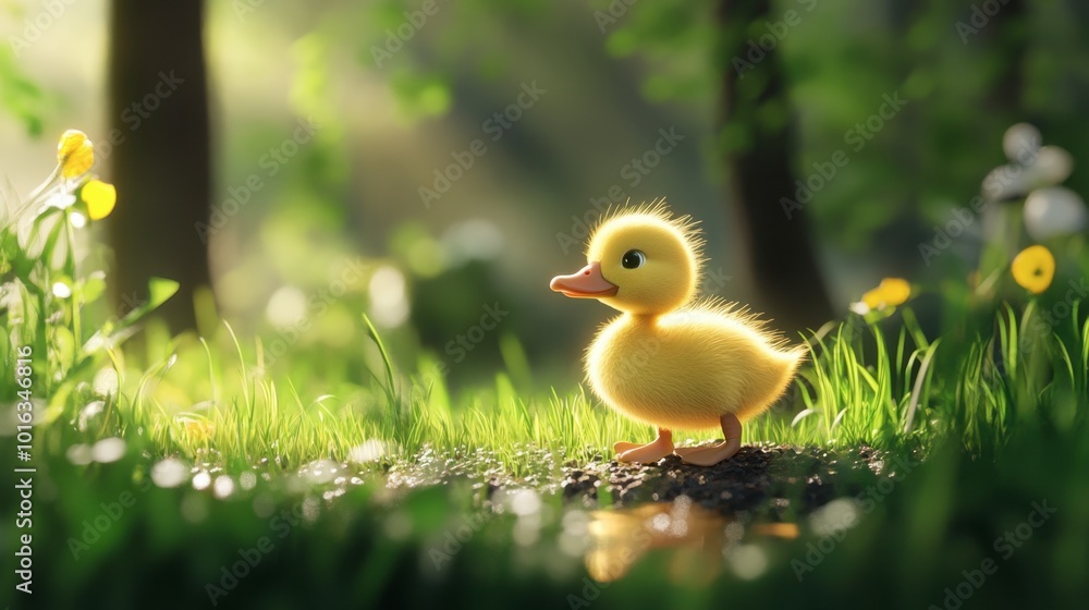 A duckling exploring a grassy area, its small feet making tiny impressions in the earth as it curiously investigates its surroundings. A duckling exploring a grassy area, its small feet making tiny impressions in the earth as it curiously investigates its surroundings.