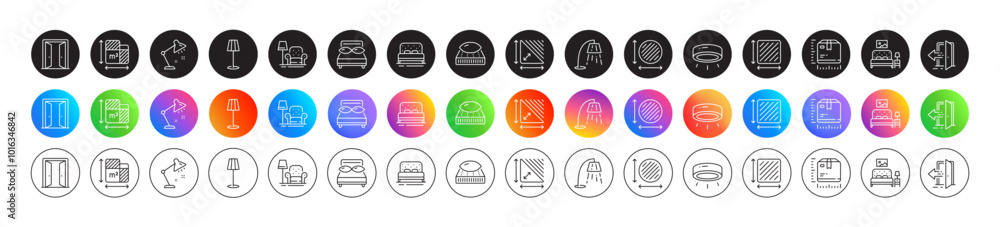 Armchair, Table lamp and Pillows line icons. Round icon gradient buttons. Pack of Package size, Floor lamp, Mattress icon. Open door, Square area, Floor plan pictogram. Vector Armchair, Table lamp and Pillows line icons. Round icon gradient buttons. Pack of Package size, Floor lamp, Mattress icon. Open door, Square area, Floor plan pictogram. Vector