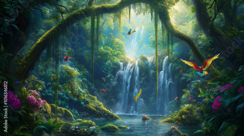 Nature's Symphony: A Jungle Waterfall with Parrots in Flight