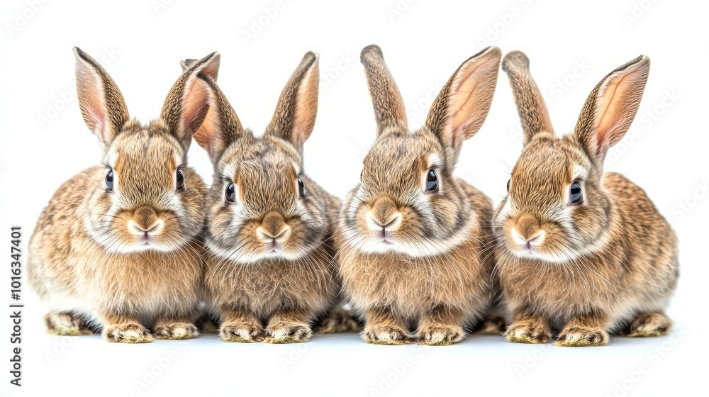 Fototapeta premium Four brown baby rabbits looking at the camera on a white background.