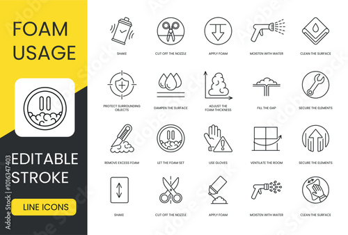 Instructions for using polyurethane foam, vector line icon set with editable stroke, Clean the surface and moisten with water, apply foam and cut off the nozzle, shake and secure the elements