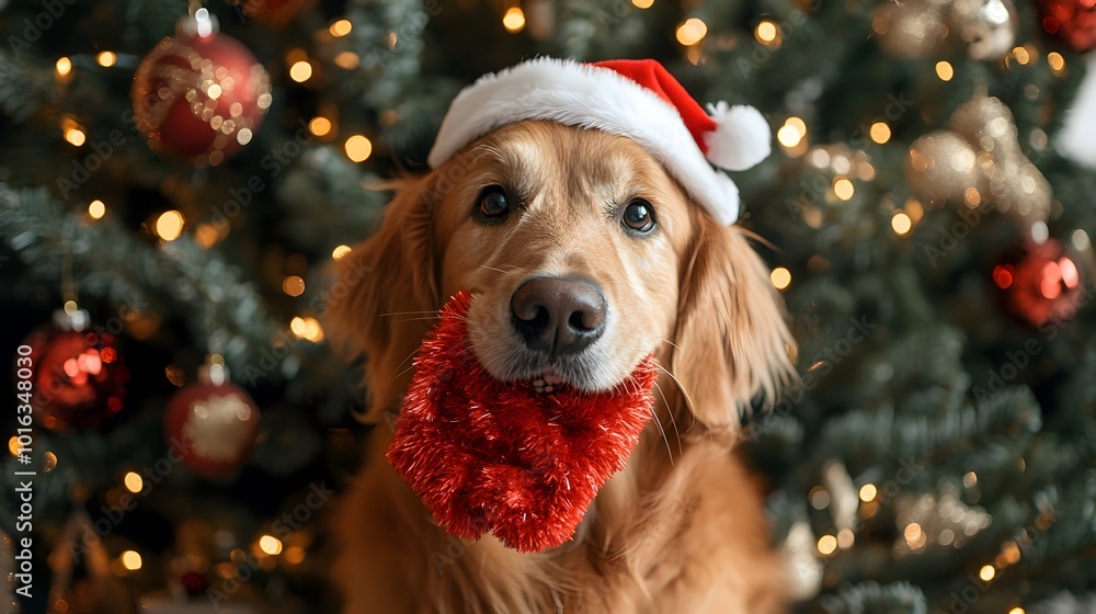 Golden retriever wearing a Santa hat, holding a red ornament in front of a Christmas tree, festive and joyful.. Golden retriever wearing a Santa hat, holding a red ornament in front of a Christmas tree, festive and joyful..