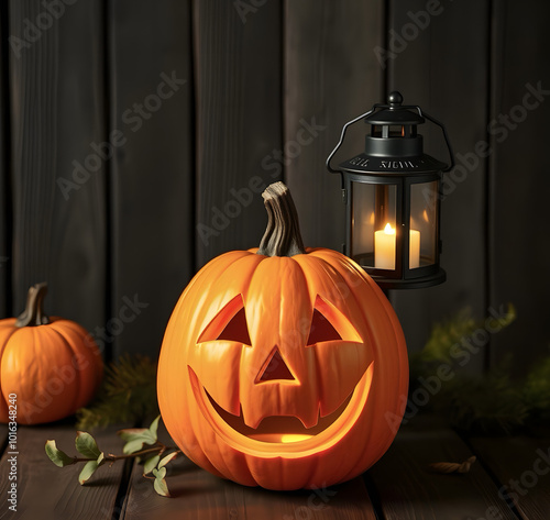 Halloween pumpkin with illumination on wooden surface.