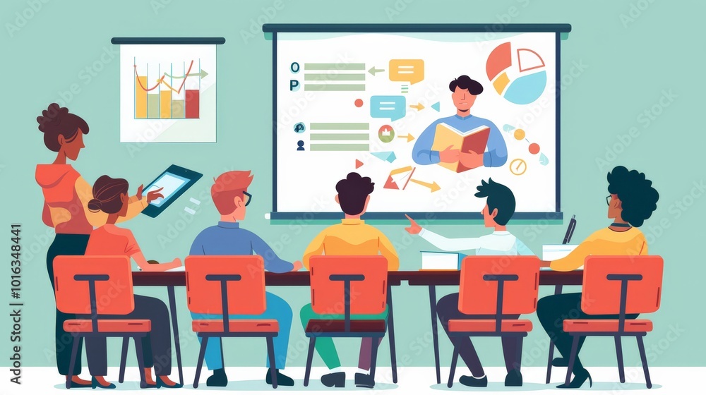 Teacher giving a presentation with a projector, capturing modern teaching methods Teacher giving a presentation with a projector, capturing modern teaching methods