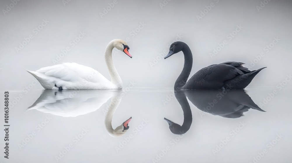 Fototapeta premium A graceful white swan and a mysterious black swan wading in shallow water with their reflections below.