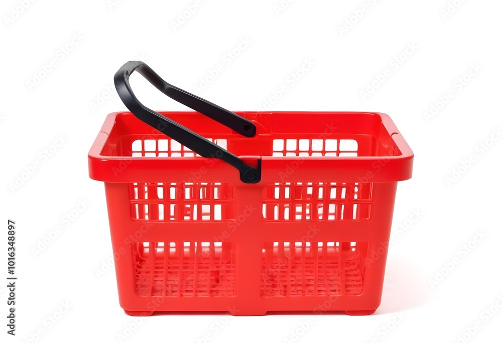 Fototapeta premium A red plastic shopping basket with black handles