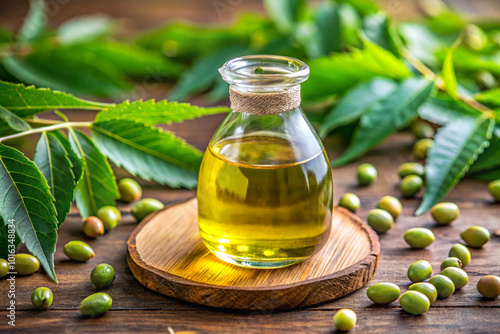 Freshly extracted neem oil in a traditional glass bottle. photo