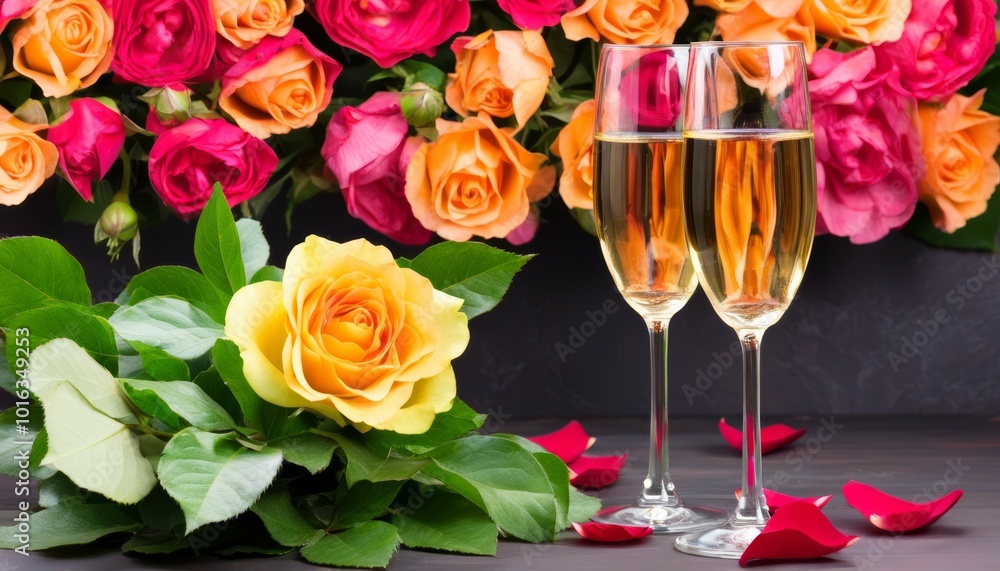 champagne glasses surrounded by beautiful flowers and rose petals scattered on the background. bright festive background, champagne glasses surrounded by beautiful flowers and rose petals scattered on the background. bright festive background,