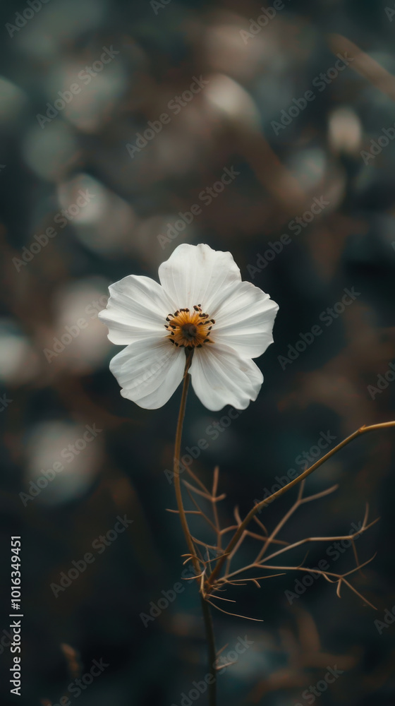 Obraz premium A delicate white flower with a yellow center blooms against a dark background, revealing intricate petal details