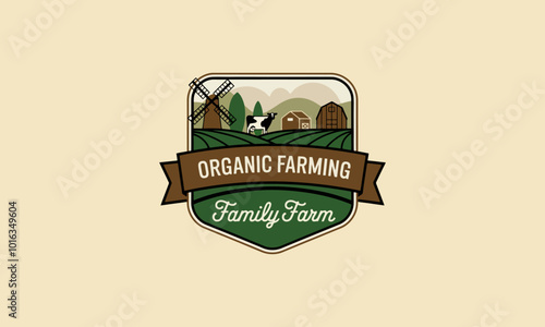 Organic farming family farm logo with cow and windmill