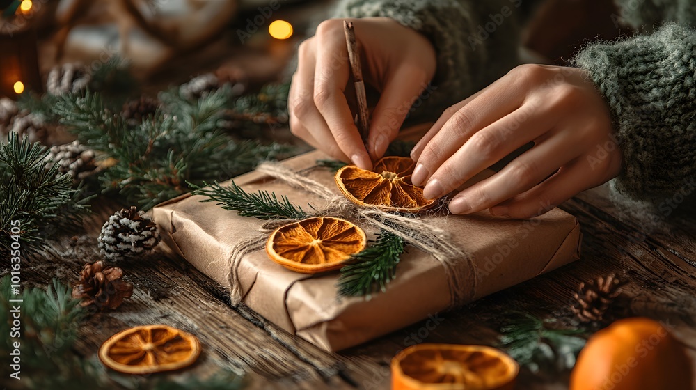 Person Decorating a Gift with Dried Orange Slices and Twigs Person Decorating a Gift with Dried Orange Slices and Twigs