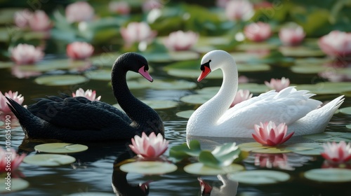 Fototapeta Naklejka Na Ścianę i Meble -  A peaceful image of a white swan and black swan surrounded by delicate water lilies on a clear lake.