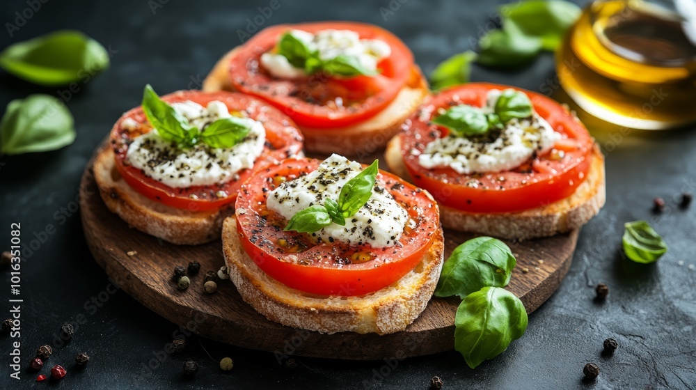 Four slices of toasted bread topped with tomato, cream cheese, basil, and black peppercorns on a wooden cutting board. Four slices of toasted bread topped with tomato, cream cheese, basil, and black peppercorns on a wooden cutting board.