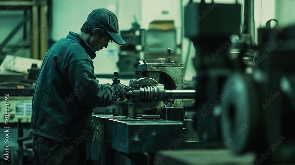 Worker engaged in precision machining at a factory in dim lighting during evening hours, showcasing dedication to craftsmanship Worker engaged in precision machining at a factory in dim lighting during evening hours, showcasing dedication to craftsmanship