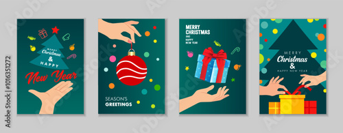 Happy New Year 2025 and Christmas greeting cards set with hands and holiday decorations. Set of premium cover concepts with hands holding Christmas balls, gift box and xmas tree. Vector illustration