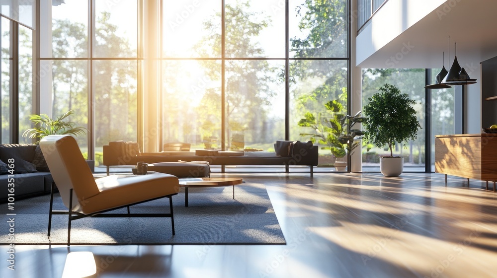 A bright, modern living room with large windows, plants, and stylish furniture.