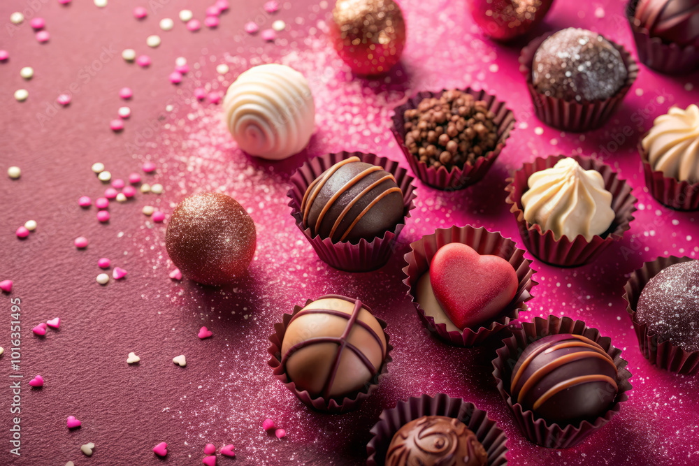 Indulge in delightful assortment of chocolates on pink background, featuring various shapes and textures that evoke sense of joy and celebration Indulge in delightful assortment of chocolates on pink background, featuring various shapes and textures that evoke sense of joy and celebration