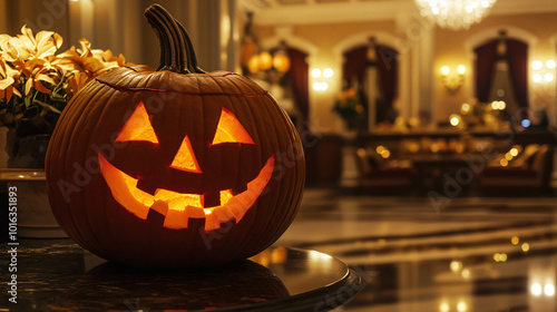 Halloween decor jack o lantern pumpkin stands at the reception of a luxury hotel photo