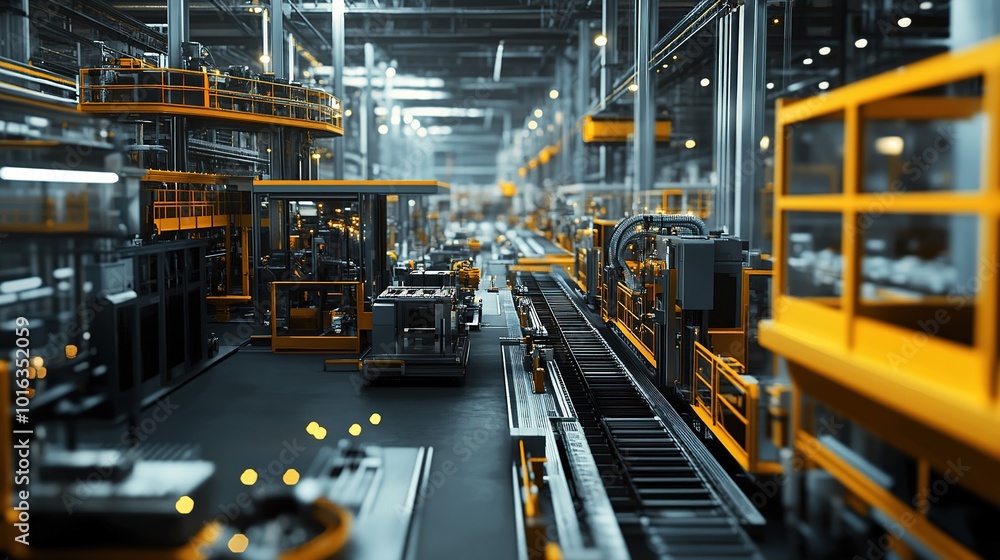 Fototapeta premium Modern factory with automated machinery and workers assembling electronics during daytime operations in a bustling production environment