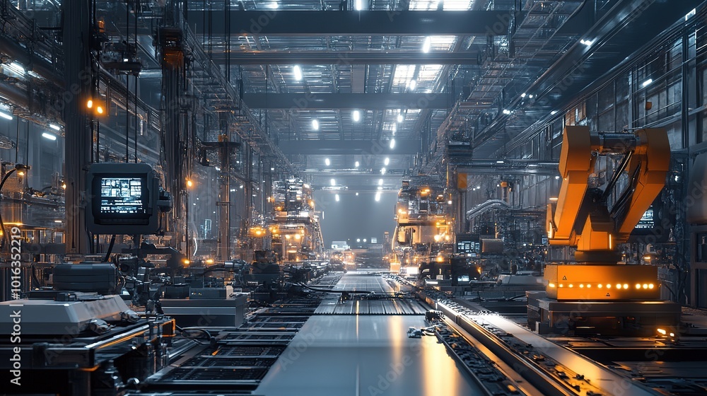 Advanced robotics assembly line in a modern manufacturing facility with automated arms working efficiently under bright lighting Advanced robotics assembly line in a modern manufacturing facility with automated arms working efficiently under bright lighting