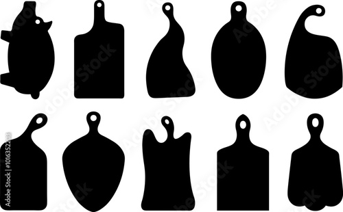 Set of different kitchen cutting boards isolated on white background