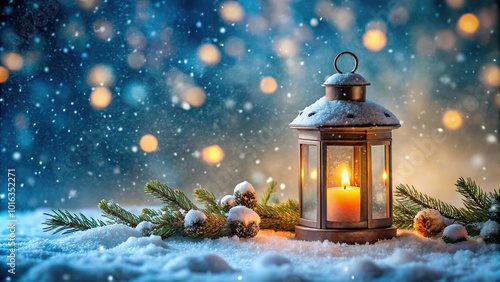 Holiday concept with a Christmas lantern and glowing candle on winter background with falling snow macro