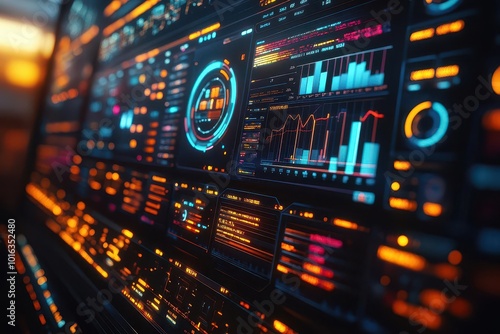 dynamic interface on a computer screen showcasing business process automation analytics with colorful graphs and data visualizations that illustrate efficiency and technological advancement