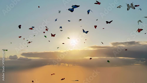 A vibrant kaleidoscope of multicolored butterflies flying in front of a breathtaking sunrise.