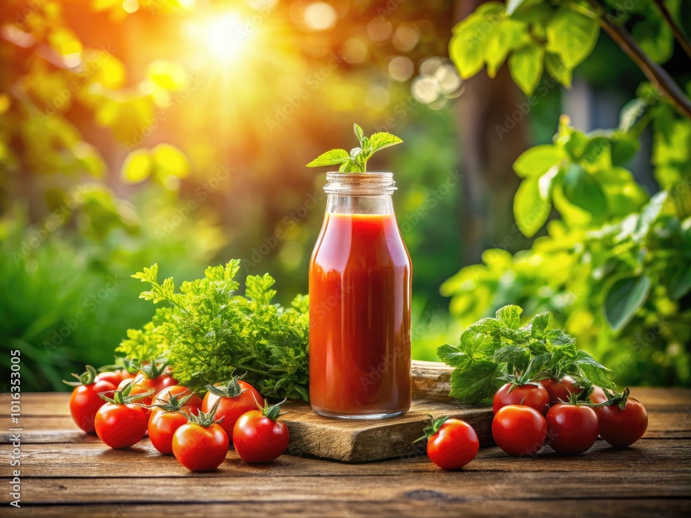 Refreshing Tomato Juice Bottle Advertisement with Vibrant Colors and Fresh Ingredients Refreshing Tomato Juice Bottle Advertisement with Vibrant Colors and Fresh Ingredients